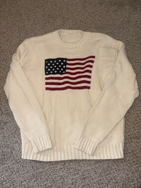 Brandy Melville Cream Crewneck Sweater with Flag Motif
